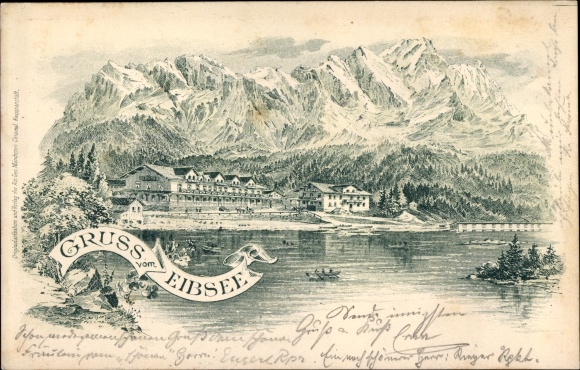 Chromo-Litho Grainau in Upper Bavaria, Eibsee, view over the lake