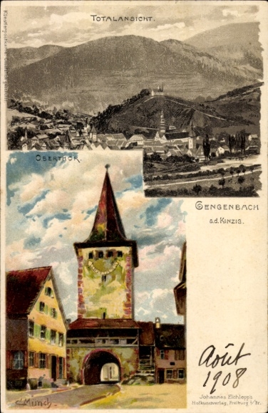 Künstler Litho Münch, C., Gengenbach Kinzig Ortenaukreis, Obertor, Totalansicht der Ortschaft