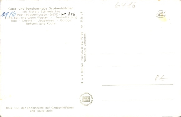 Postcard Poppenhausen at the Wasserkuppe Rhön, guest and pension house Grabenhöfchen, Teufelstein