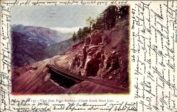 Ak Cripple Creek Colorado USA, uitzicht vanaf Point Sublime, Cripple Creek, spoorlijn, berglandschap...