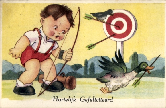 Postcard Happy Birthday, Boy Archery, Duck Steals the Arrow
