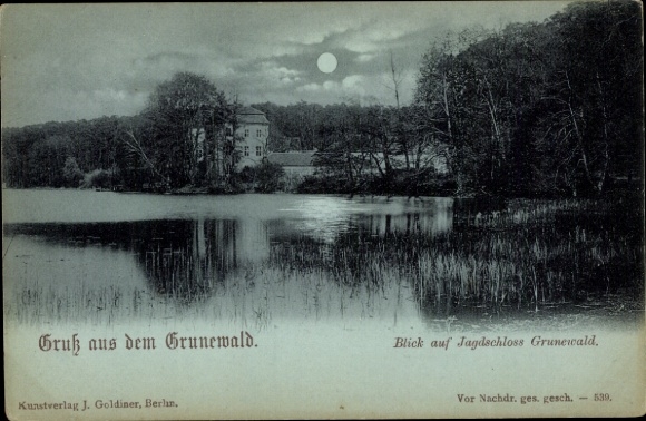 Postcard Berlin Wilmersdorf Grunewald, hunting lodge forest landscape, calm lake, moonlight