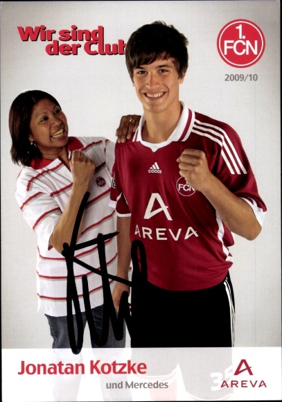 Autograph card footballer Jonatan Kotzke and Mercedes, 1. FC Nuremberg, autograph