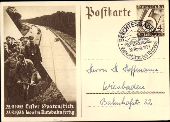 Ganzsachen Ak Adolf Hitler, Erster Spatenstich zum Bau der Reichsautobahn 1933