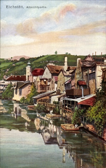 Postcard Eichstätt in Upper Bavaria, picturesque old town, Altmühl, buildings, calm waters