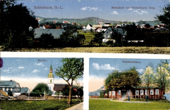 Ak Schönbach Oberlausitz, Mitteldorf, Pietschkens Berg, kerk, Schützenhaus
