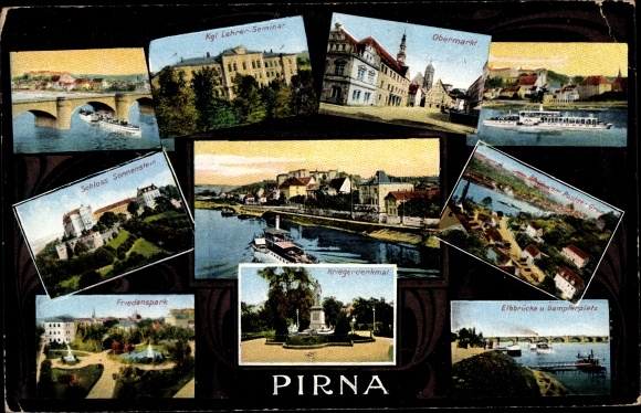 Ak Pirna in Saksen, salonboot, seminar, Peace Park, kasteel Sonnenstein, Obermarkt, monument