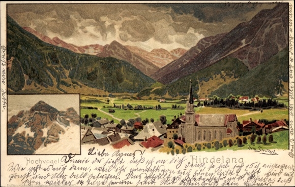 Artist Chromo-Litho Strützel, Otto, Bad Hindelang in the Oberallgäu, high bird with village, mountains