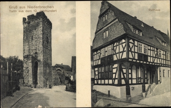 Postcard Niederbruch Brechen Mittelhessen, tower from the 12th century, half-timbered house