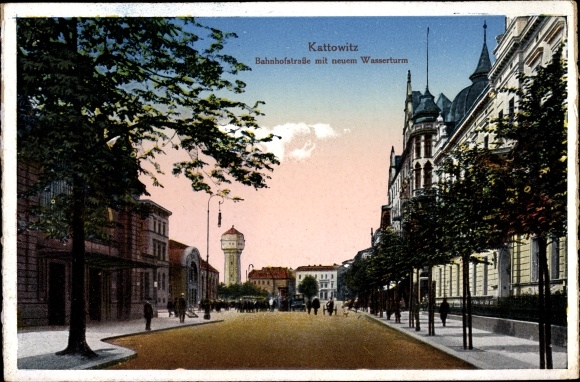 Postcard Katowice Kattowitz Upper Silesia, Bahnhofstrasse, New Water Tower