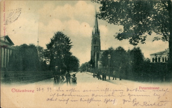 Postcard Oldenburg in Holstein, Peterstraße, church, trees, street, people