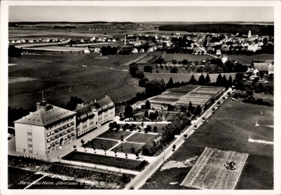 Postcard Illertissen in Swabia, Pr. Oberrealschule with home, aerial photograph