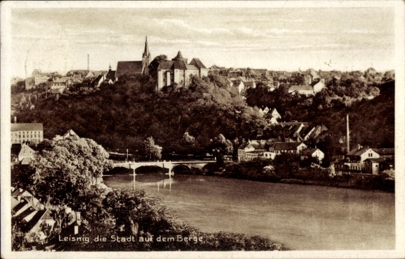 Ak Leisnig in Sachsen, Freiberger Mulde, Brücke, Stadtansicht, Kirche St. Mathhäi, Burg Mildenstein