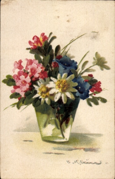 Artist Postcard Klein, Catharina, carnations, alpine flowers, edelweiss, gentian