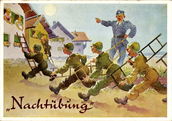 Artist PC German Bundeswehr, night exercise, soldiers with ladders, women at windows