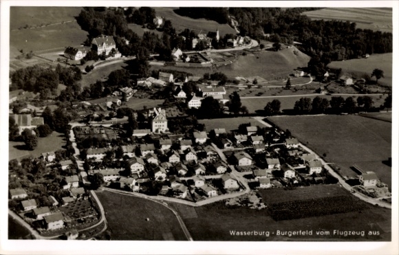 Postcard Wasserburg am Inn Upper Bavaria, aerial view of castle in the distance, rural surroundings