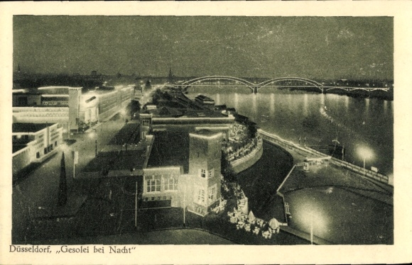 Ansichtkaart Düsseldorf, Grote Tentoonstelling 1926, beursterrein bij nacht