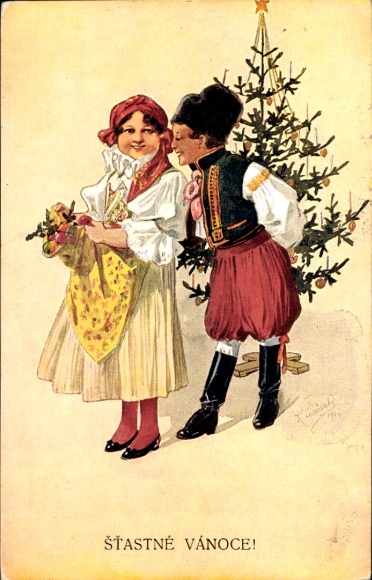 Artist Postcard Merry Christmas, couple in Czechoslovakian costume