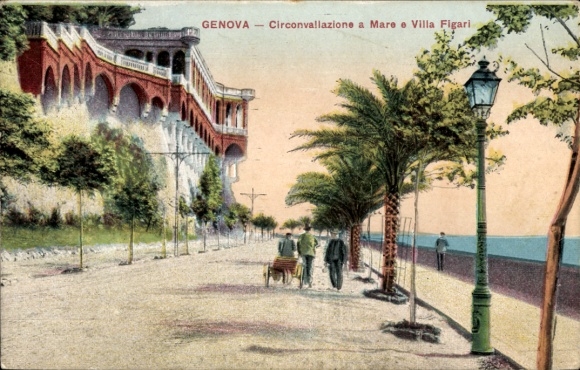 Ak Genova Genua Liguria, Promenade, Villa Figari, Palmen, Spaziergänger, Laterne