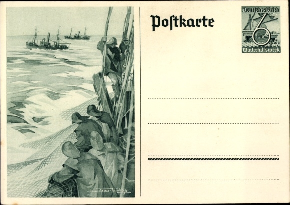 Postwaardestuk ansichtkaart Axster Heudtlass, vissers, vissersboten op zee