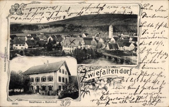 Postcard Zwiefaltendorf Riedlingen in the Swabian Alb, general view, Gasthof zum Bahnhof