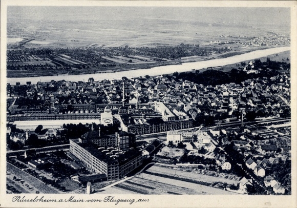 Postcard Rüsselsheim am Main Hessen, aerial photograph