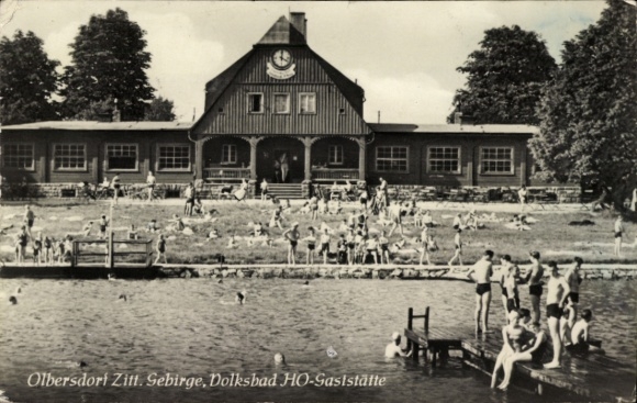 Postcard Olbersdorf in Saxony, public bath HO restaurant