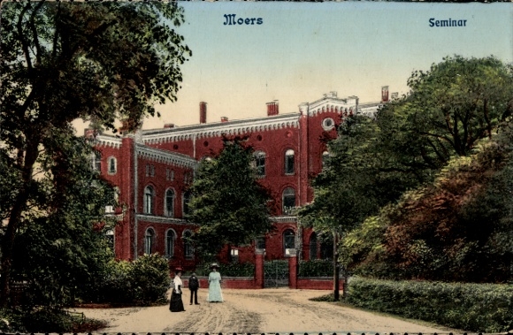 Postcard Moers am Niederrhein, seminar building, trees, two people,
