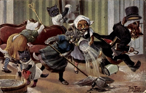 Artist Postcard Thiele, Arthur, Humanized cats cleaning the house