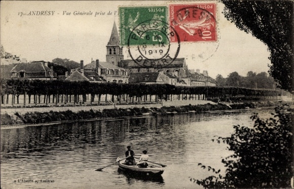 Ak Andrésy Yvelines, Schöne Landschaftsansicht, Boot auf dem Wasser,  Architektur