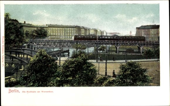 Postcard Berlin Kreuzberg, elevated railway at Wassertor