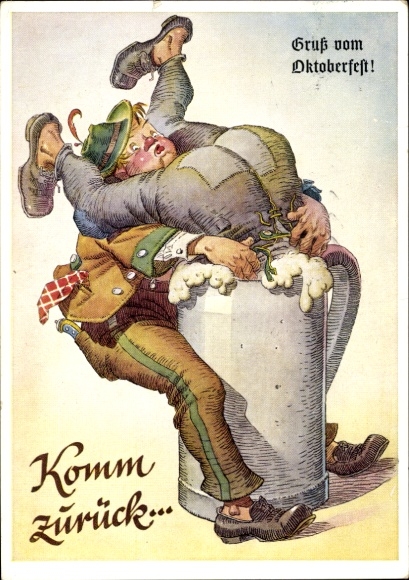 Artist Postcard Oktoberfest, Come back, man dives into beer mug