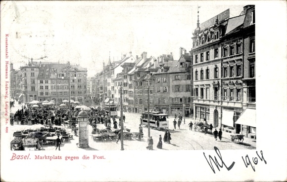 KP Basel Bâle City Switzerland, rynek, stragany, tramwaj, budynek