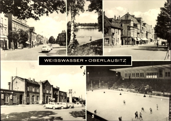 Postcard Weißwasser in Oberlausitz, Bautzener Straße, artificial ice stadium Wilhelm Pieck, ice hockey game