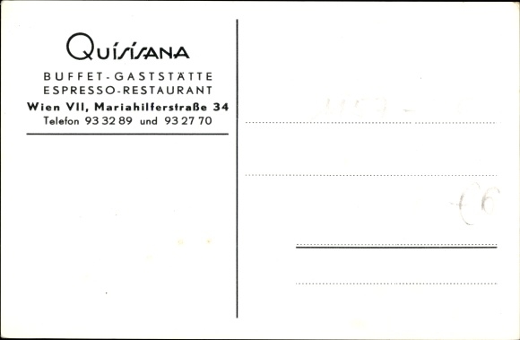 Postcard Wien 7. New building, buffet restaurant Quisisana, restaurant, owned by Schreindorfer, Mariahilfer Straße 34