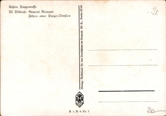 Artist Postcard Willrich, Wolfgang, Major General Rommel, Knight's Cross recipient, Panzer Division, VDA