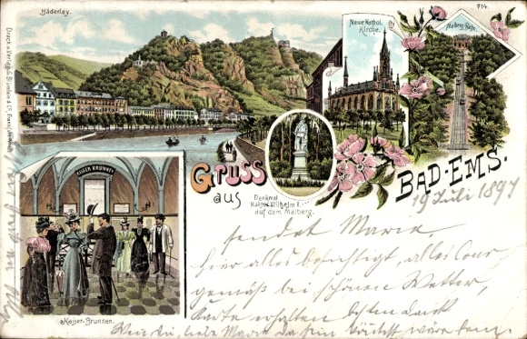 Litho Bad Ems an der Lahn, Bäderley, Neue Kathol. Kirche, Kaiser Brunnen, Denkmal Kaiser Wilhelm