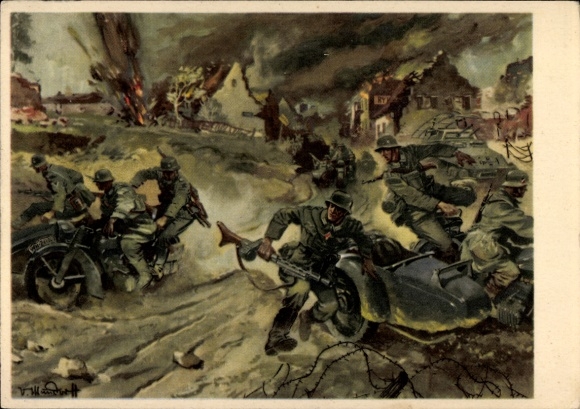 Künstler Ak Mundorff, V., Deutsche Wehrmacht, Kradschützen, Motorräder, Kampfgebiet, II. WK