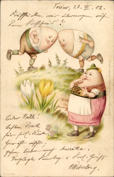 Postcard Humanized eggs, egg heads on a meadow
