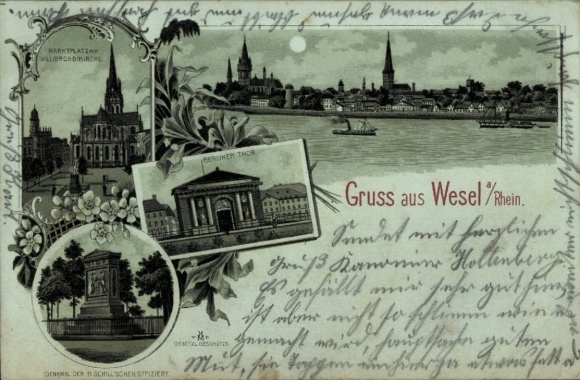 Mondschein Litho Wesel am Niederrhein, Marktplatz, Willibrordikirche, Berliner Tor, Denkmal