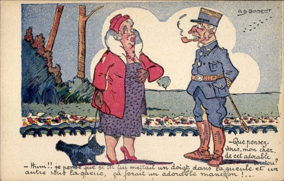 Artist Postcard AG Badert, French soldier with pipe, lady with dog