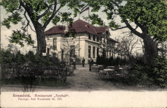 Postcard Hamburg Wandsbek Bramfeld, Restaurant Seehof, Garden
