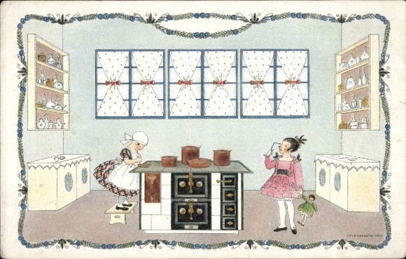 Artist Postcard Köhler, Mela, kitchen, cook, girl with doll