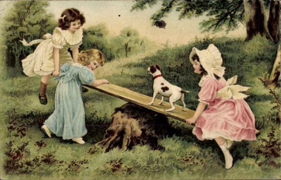 Chromo-Litho Three girls teetering on a seesaw, terrier