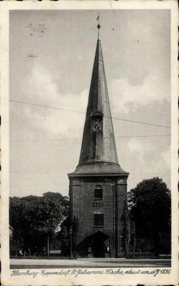 Postcard Hamburg Nord Eppendorf, St. Johannis Church, street view, tower