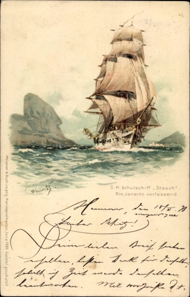 Künstler Litho Bohrdt, Hans, Segelschulschiff Stosch Rio de Janeiro verlassend