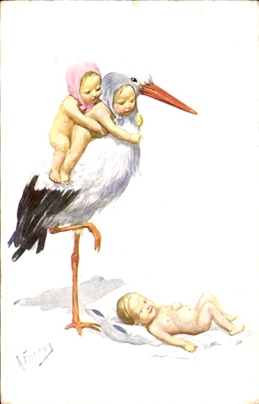 Artist Postcard White Stork, Children