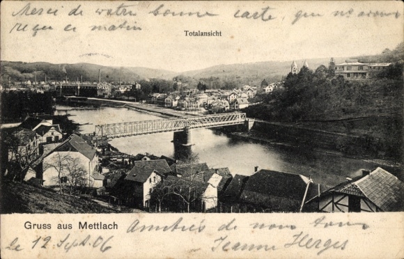 Postcard Mettlach in Saarland, general view, bridge