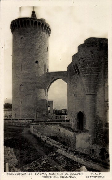 Ak Palma de Mallorca Balearische Inseln, Schloss Bellver, Turm, Mallorca,  Schwarz-Weiß-Foto