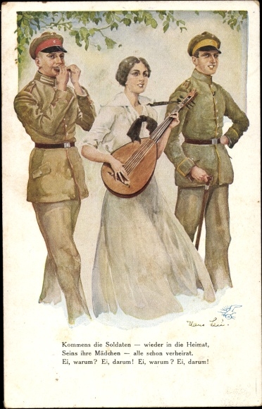 KP artysty Leu, H., dziewczyna z mandoliną, żołnierze niemieccy, I.WW